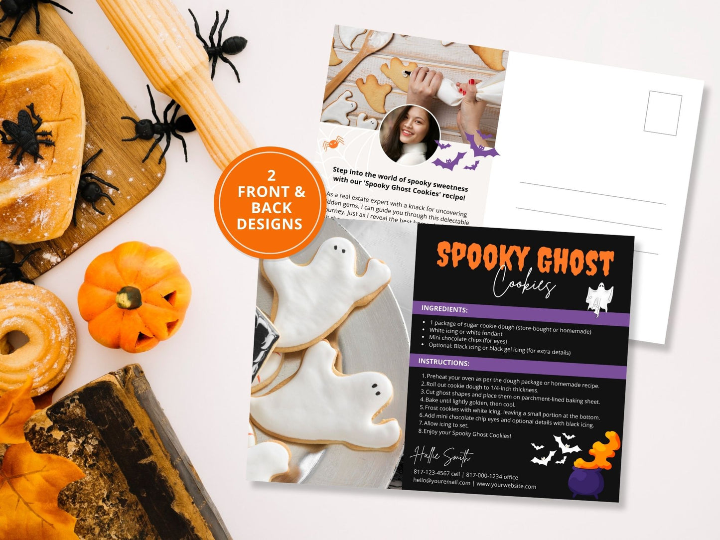 Real Estate Spooky Ghost Cookies Halloween Recipe Postcard - Delightful postcard featuring a fun and easy recipe for spooky ghost cookies, creating a memorable and engaging way to express seasonal greetings during Halloween