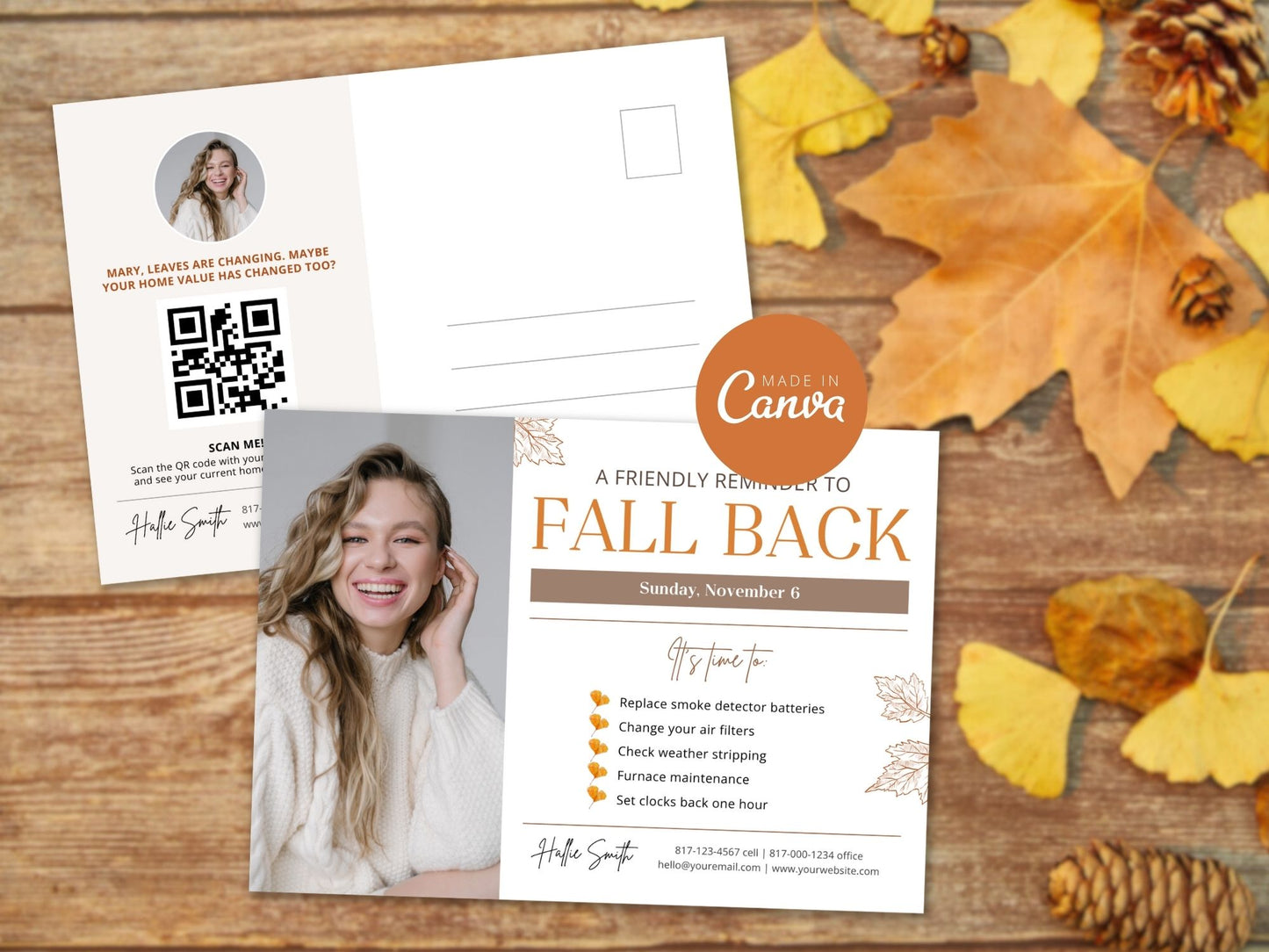 Real Estate Fall Back Postcard Vol 02 - Captivating design for reminding clients about the time change and showcasing your real estate brand in the autumn season.