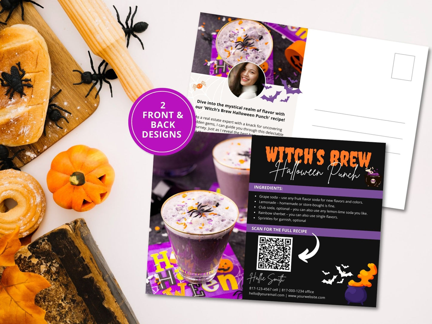 Real Estate Halloween Recipe Postcard Bundle - Delightful bundle combining spooky design with mouthwatering recipes for a unique and engaging way to express seasonal greetings and foster connections with clients during the Halloween season.