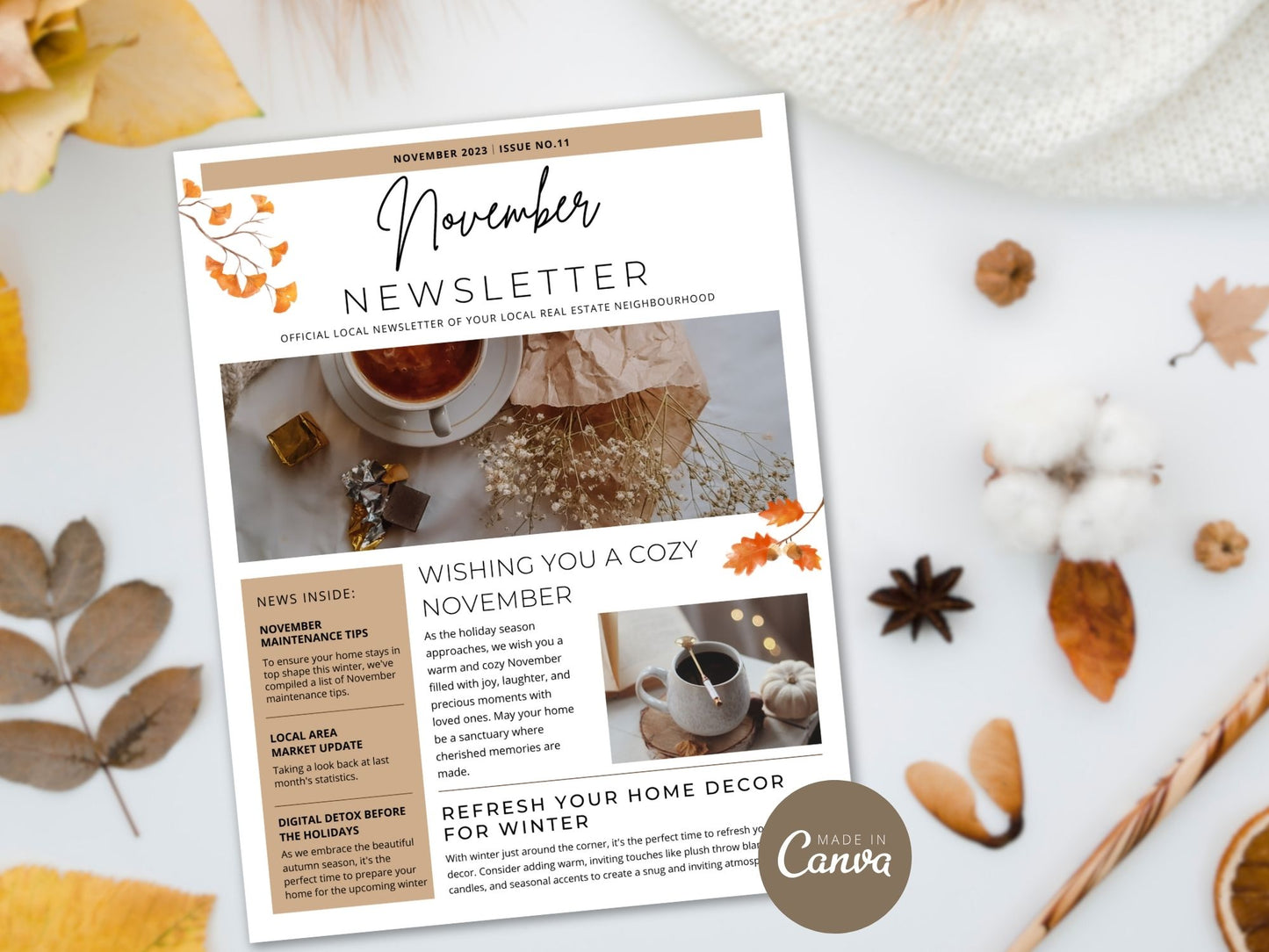 Real Estate Minimal November Newsletter 2023 - Clean and concise newsletter template for delivering important updates and seasonal greetings in a professional and engaging manner.