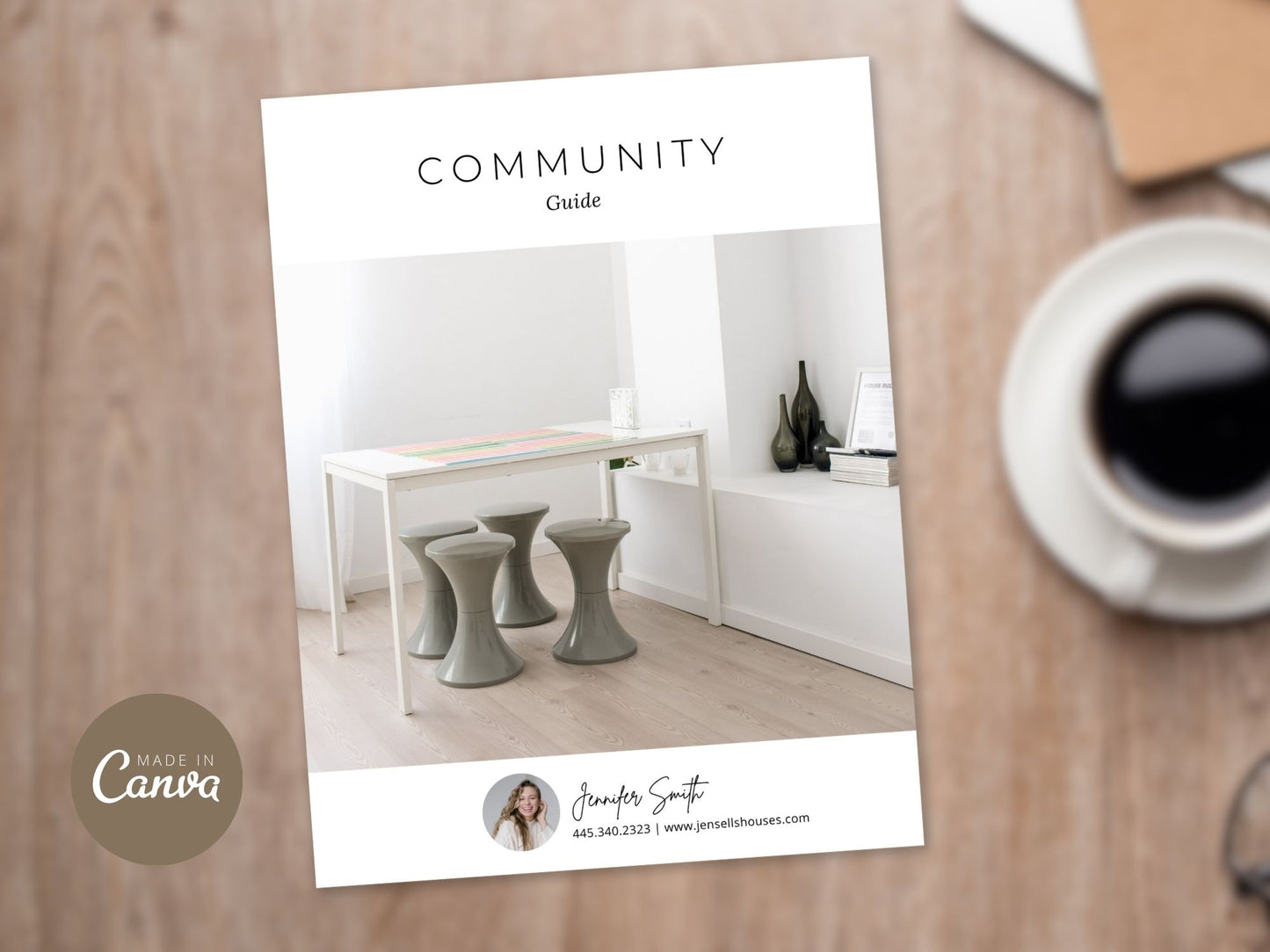 Minimal Community Guide template for real estate agents showcasing local amenities and
neighborhood highlights.