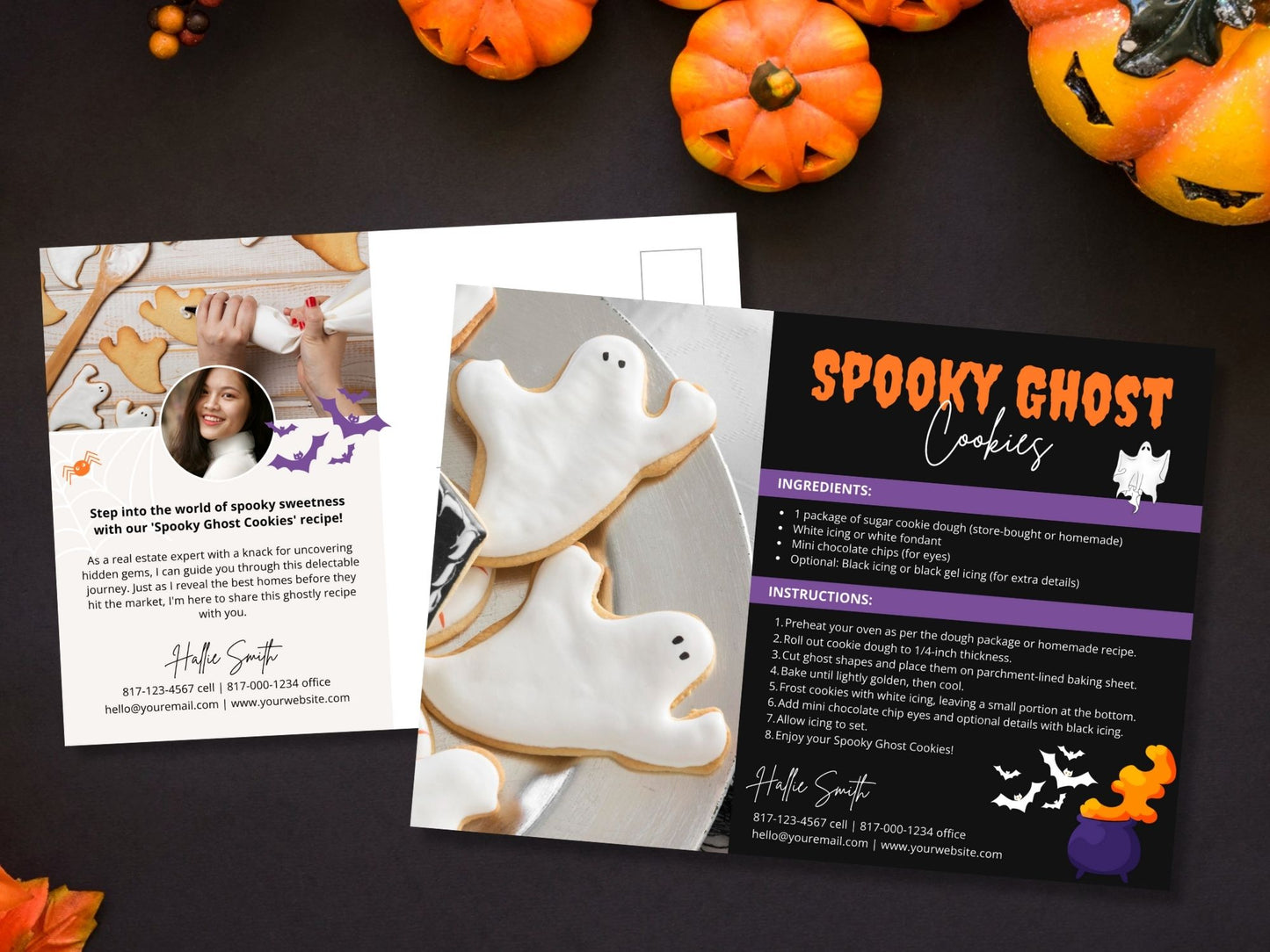 Real Estate Spooky Ghost Cookies Halloween Recipe Postcard - Delightful postcard featuring a fun and easy recipe for spooky ghost cookies, creating a memorable and engaging way to express seasonal greetings during Halloween