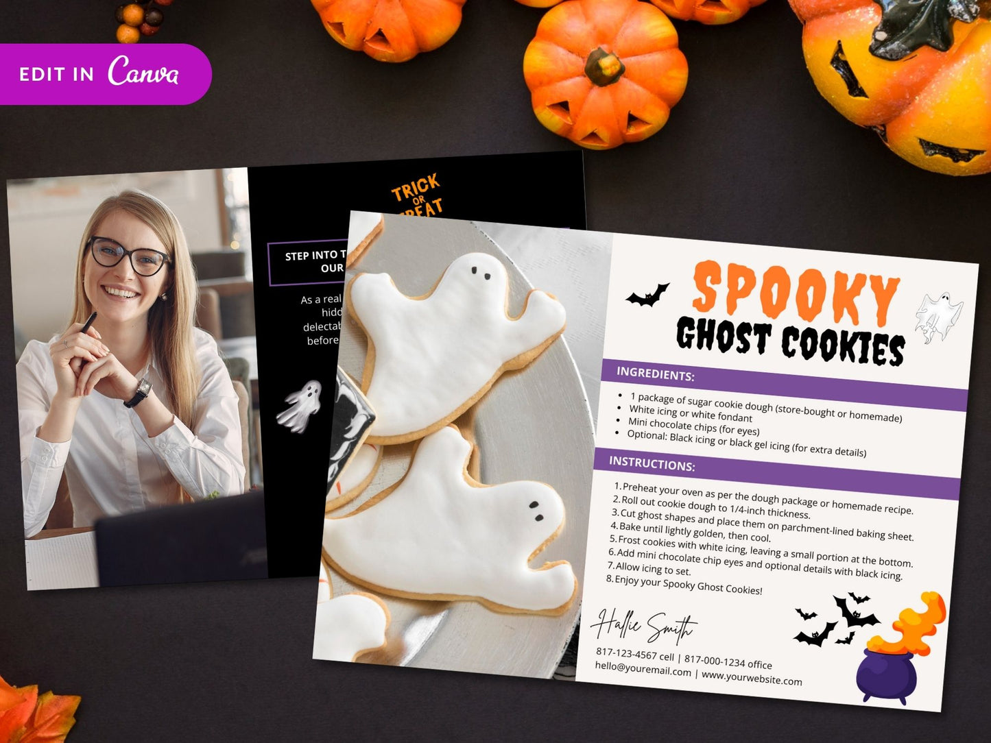 Real Estate Halloween Recipe Postcard Bundle - Delightful bundle combining spooky design with mouthwatering recipes for a unique and engaging way to express seasonal greetings and foster connections with clients during the Halloween season.