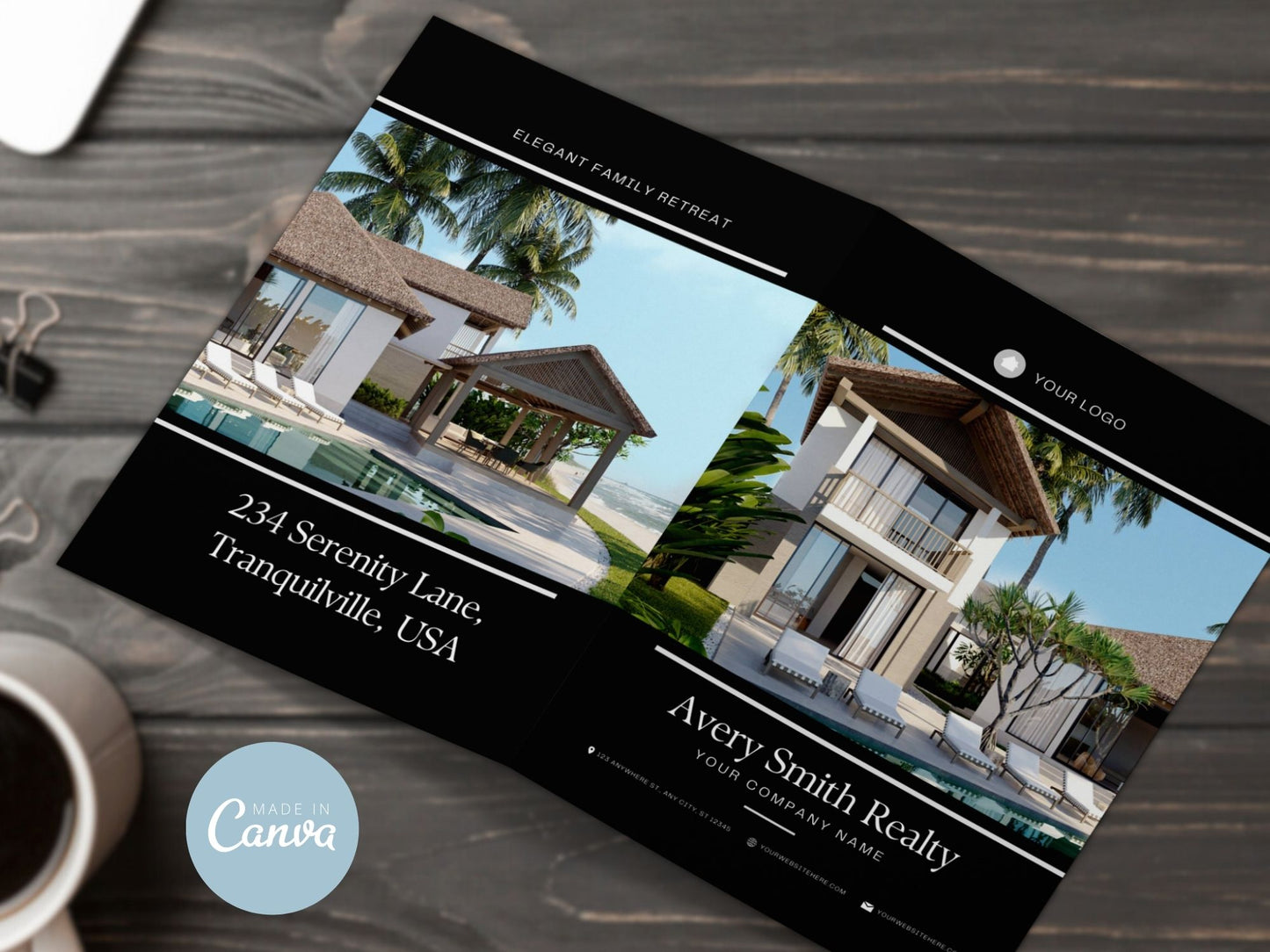 Real Estate Black Luxury Property Brochure - Sleek and sophisticated design showcasing premium properties in an elegant black theme, making it a standout marketing tool for luxury real estate presentations.