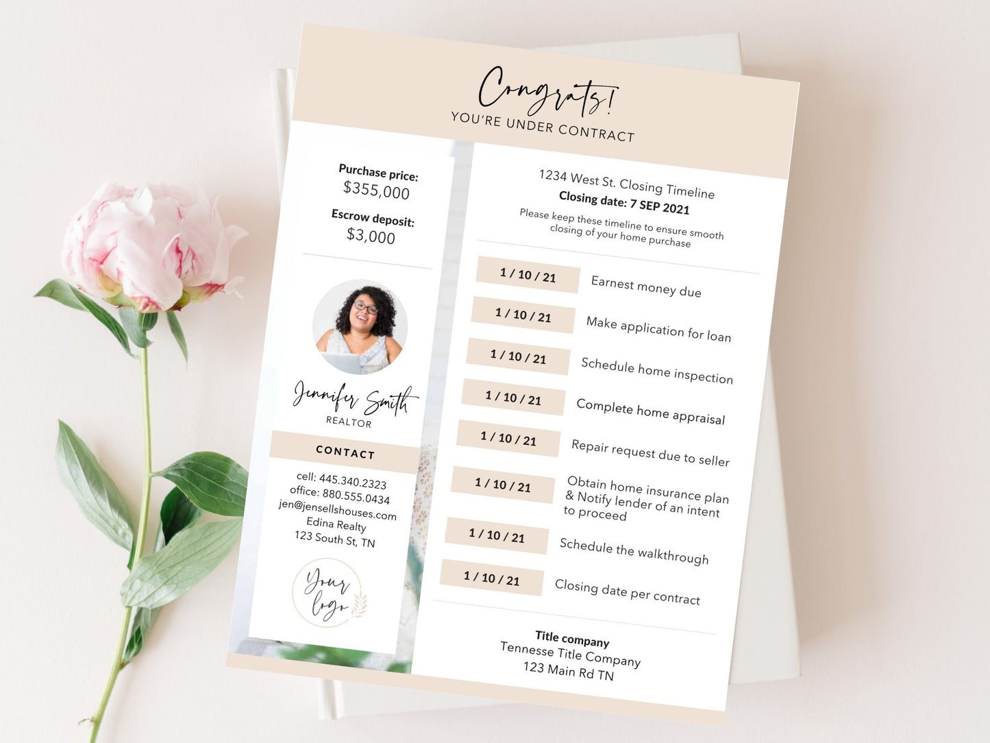 Real Estate Under Contract Timeline - Editable template for staying organized during the under-contract phase of a real estate transaction.