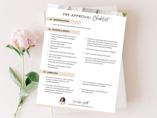 Real Estate Pre-Approval Checklist - Editable template for streamlining the pre-approval process and guiding potential buyers through essential requirements in the real estate journey.