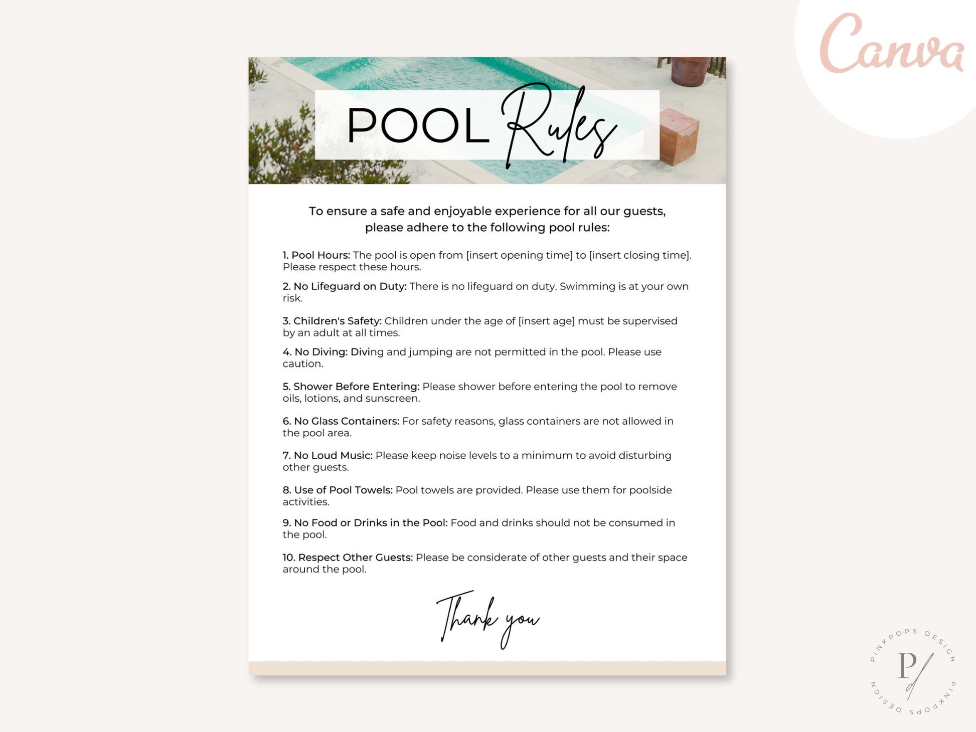 Pool Rules Airbnb Sign - Clear and visually appealing template for vacation rental pool guidelines.