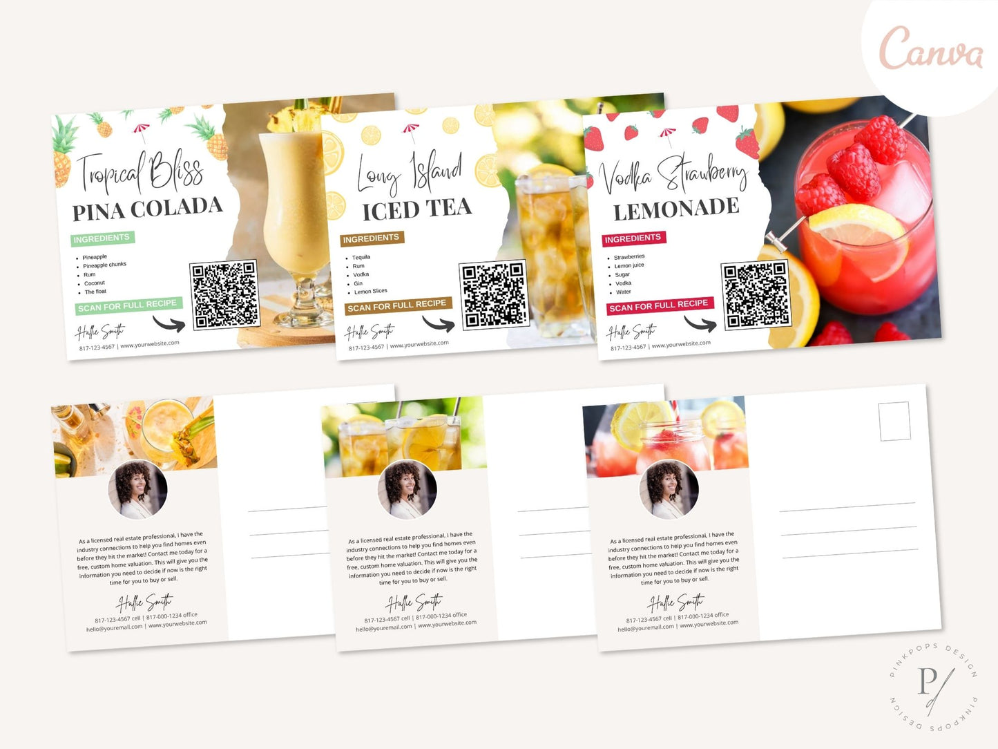 Cocktail Recipe Postcard Bundle - Elevate client connections with Pina Colada, Long Island Iced Tea, and Vodka Strawberry Lemonade recipes. Add a refreshing twist to real estate marketing with delightful cocktail recipe postcards.