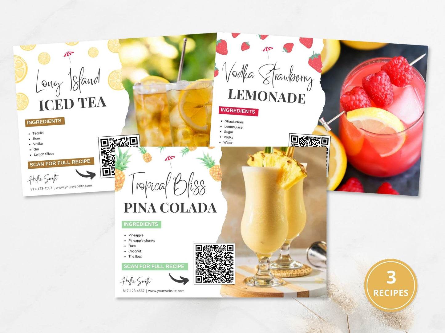Cocktail Recipe Postcard Bundle - Elevate client connections with Pina Colada, Long Island Iced Tea, and Vodka Strawberry Lemonade recipes. Add a refreshing twist to real estate marketing with delightful cocktail recipe postcards.