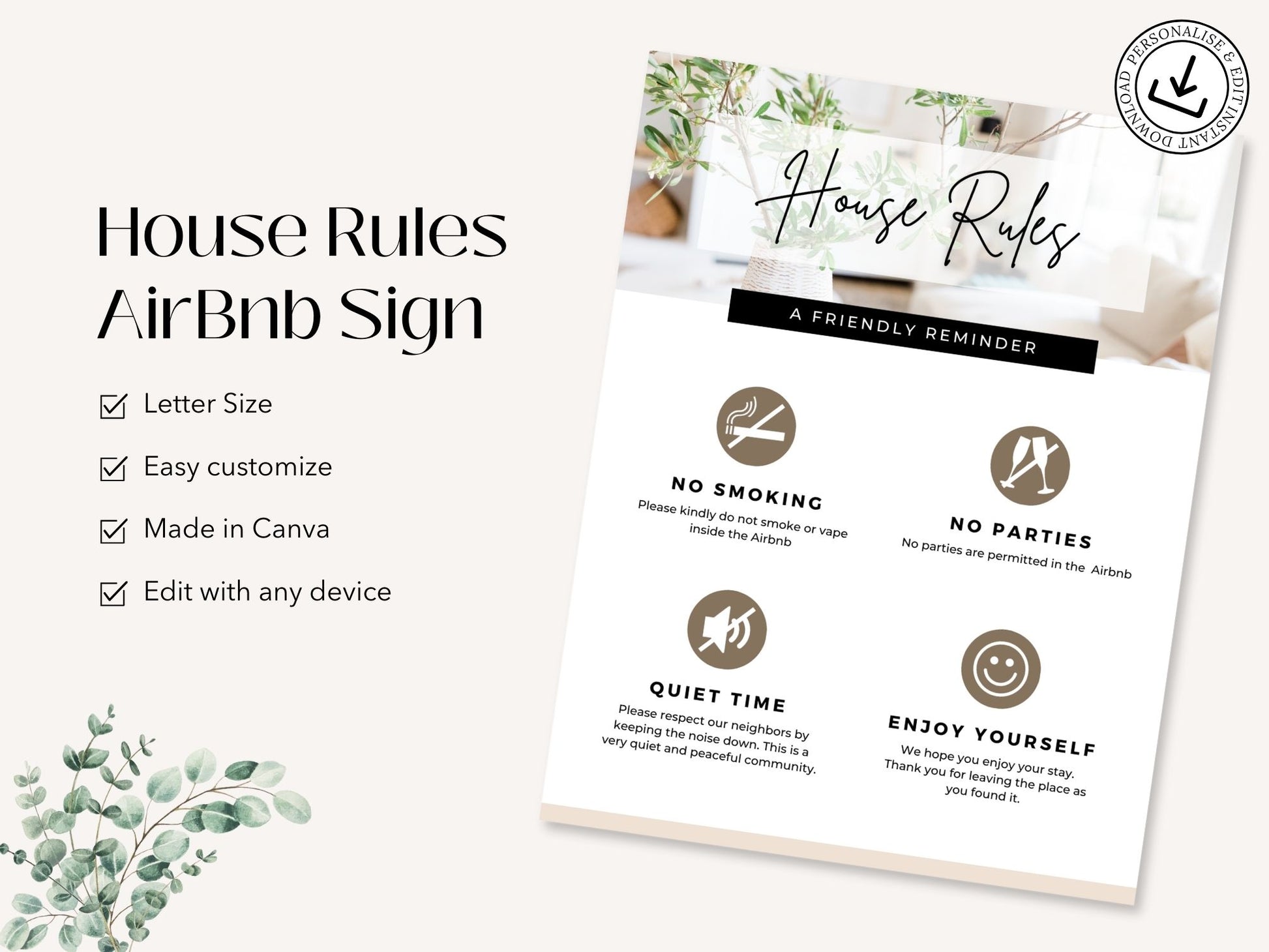 House Rules Airbnb Sign - Clear and concise template for vacation rental house guidelines.