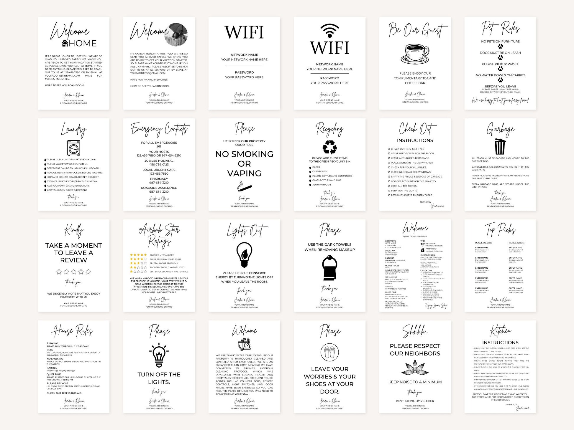 Black & White Airbnb Printable Bundle - Stylish and minimalist templates for seamless vacation rental management