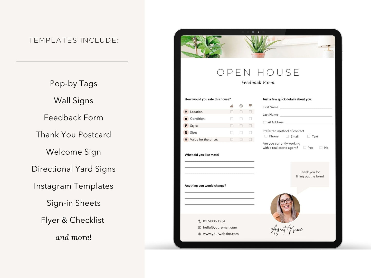 Real Estate Open House Bundle - Comprehensive collection of professional templates and tools for elevating open house events, including eye-catching flyers, directional signs, feedback forms, and Instagram templates.