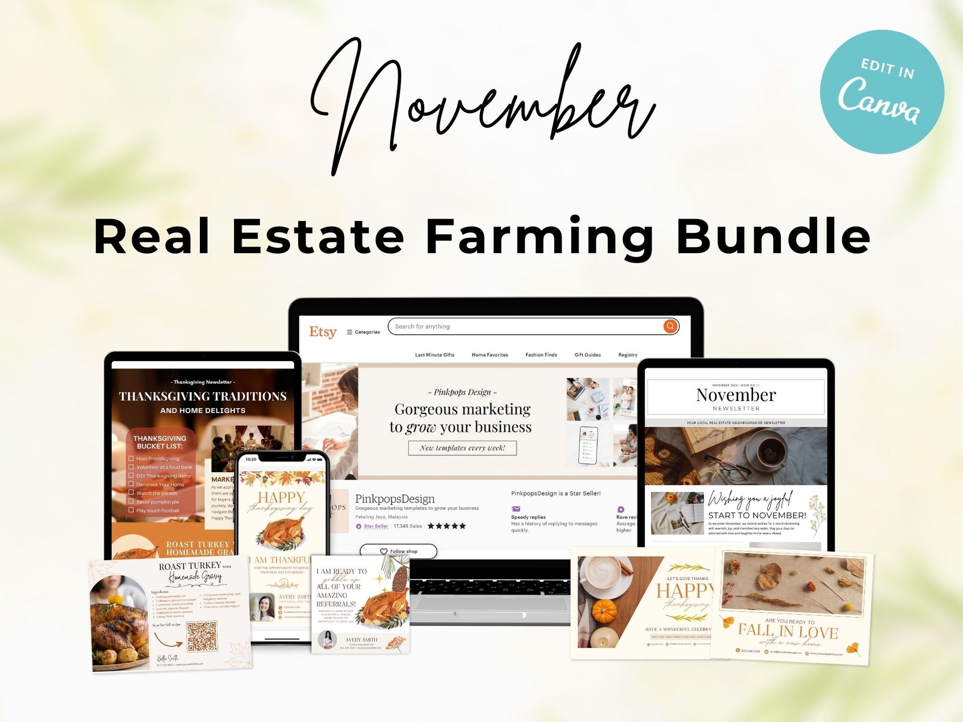 November Real Estate Farming Bundle with seasonal postcards, flyers, and letters for fall marketing.