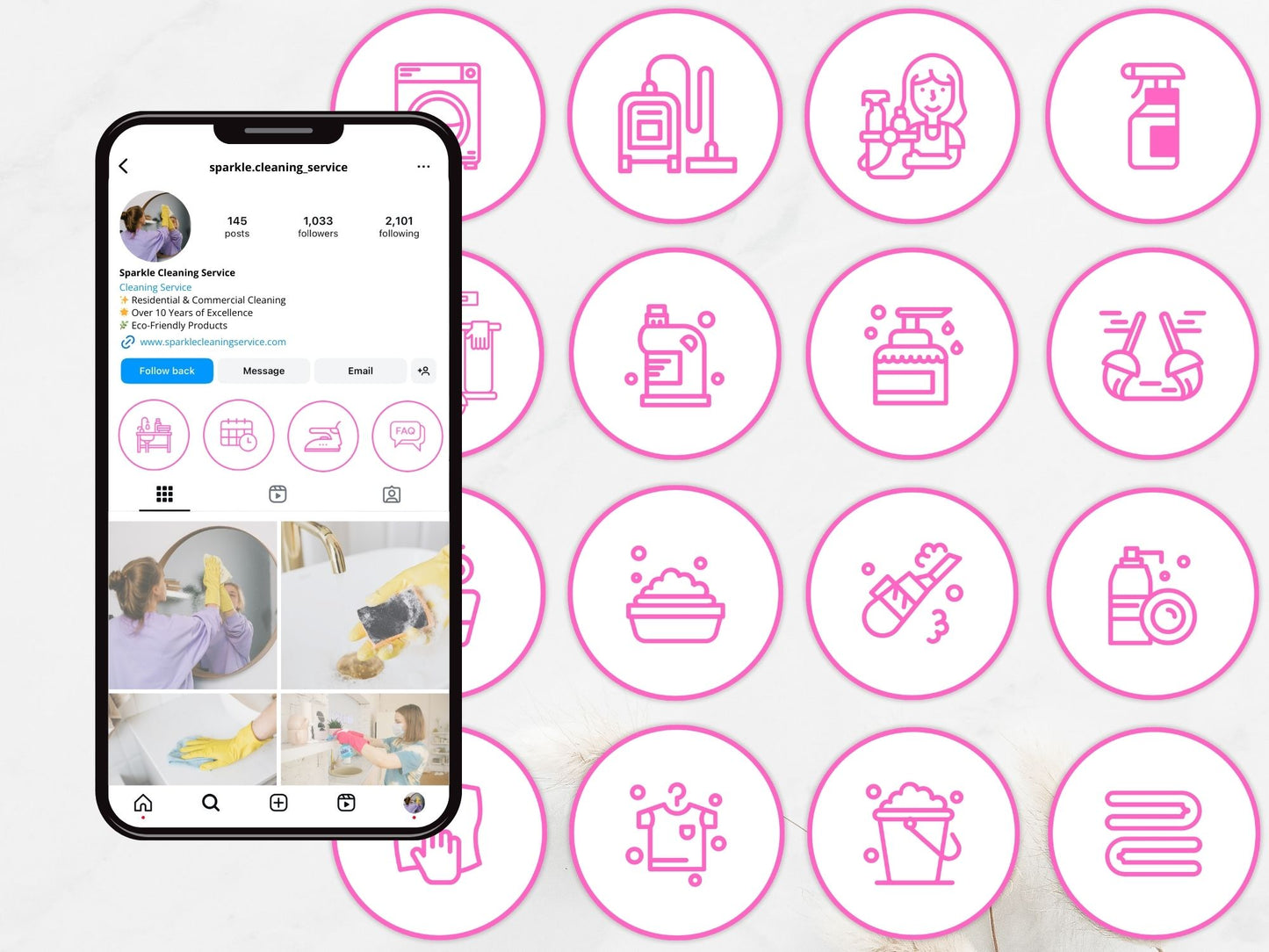 Pink Outline Cleaning Highlight Covers - Elegant and minimalist icons for showcasing cleaning services on Instagram.