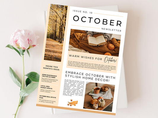 October Newsletter 2024 Vol 02 template for real estate professionals, featuring market trends and seasonal tips.