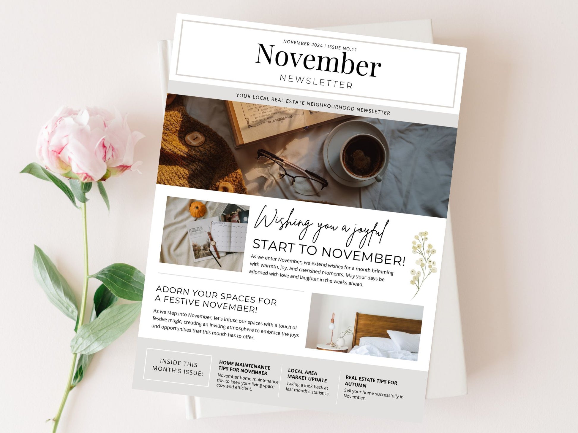 Minimal November Newsletter 2024 template for real estate professionals, featuring market
updates and seasonal advice.