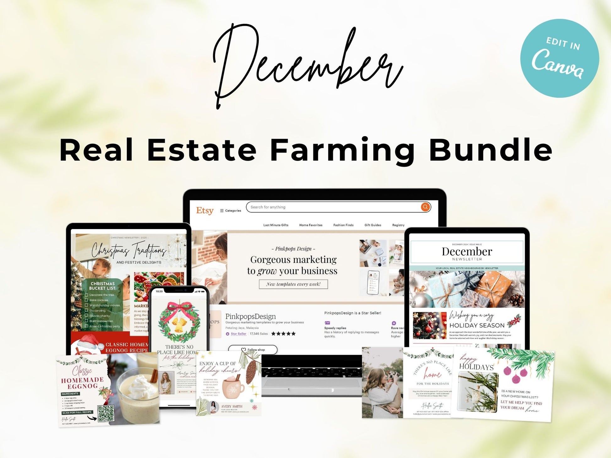 December Real Estate Farming Bundle with festive postcards, flyers, and letters for holiday marketing.