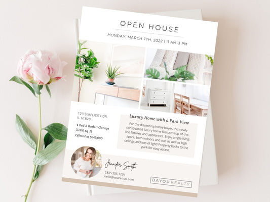 Real Estate Open House Flyer - Eye-catching and informative flyer designed to captivate potential buyers, showcasing property highlights and event details for an elevated marketing strategy.