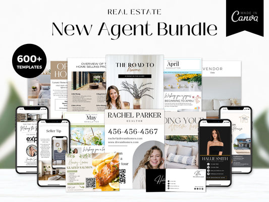 The New Agent Bundle 2025 featuring essential marketing templates, business cards, and client communication tools for new real estate agents.