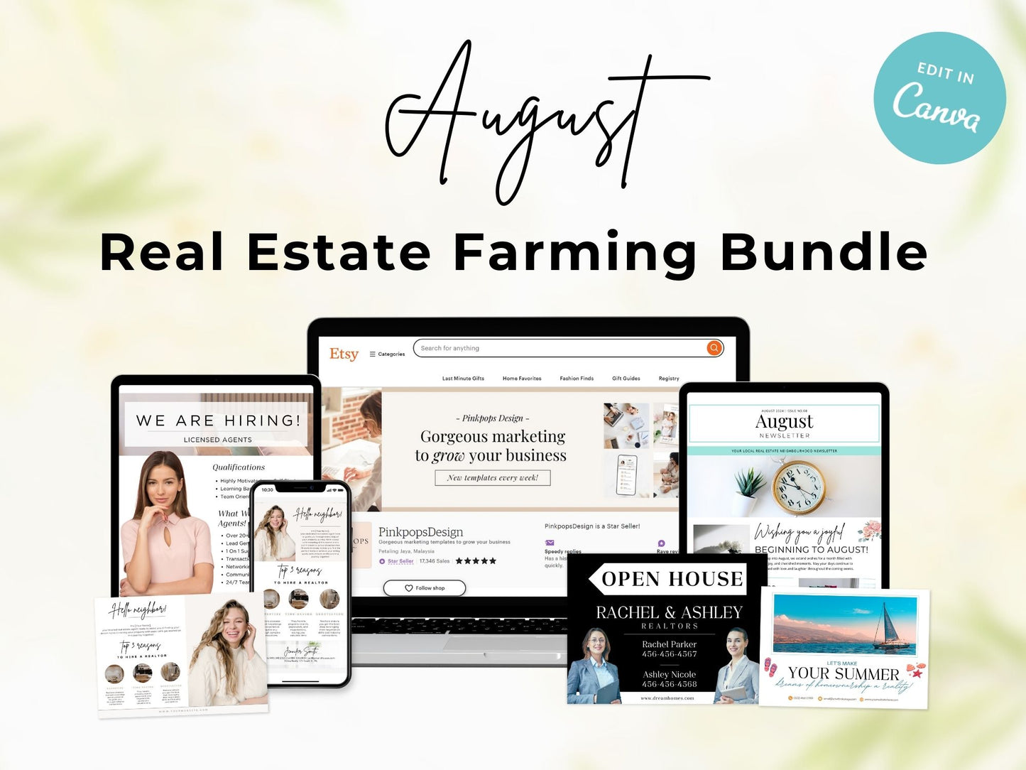 August Farming Bundle - Comprehensive set including newsletters, postcards, and flyers for real estate marketing.