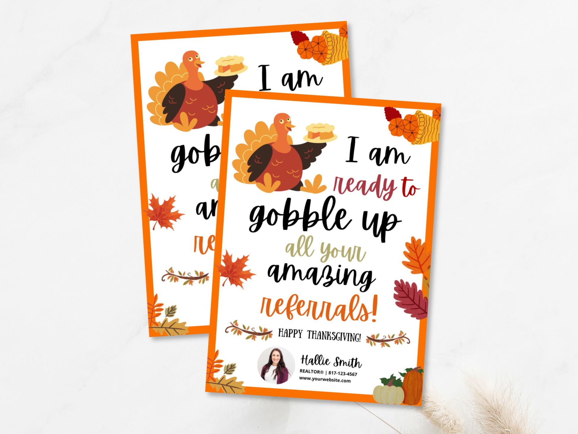 Real Estate Gobble Up Thanksgiving Rectangle Pop By Tag - Vibrant and festive tag to enhance your Thanksgiving pop-bys, creating a warm connection with clients during the holiday season.