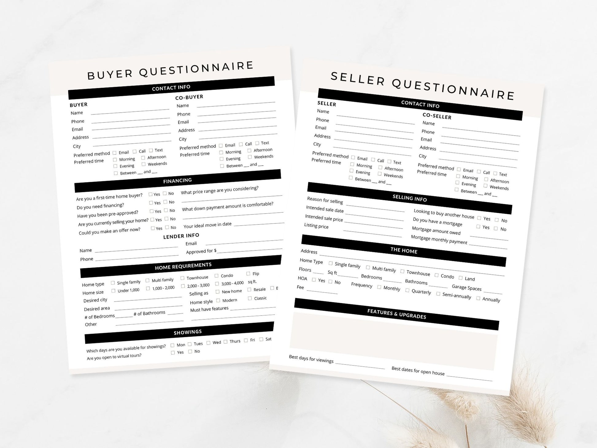 Luxury Black Buyer & Seller Questionnaire - Sophisticated real estate template for discerning property transactions.