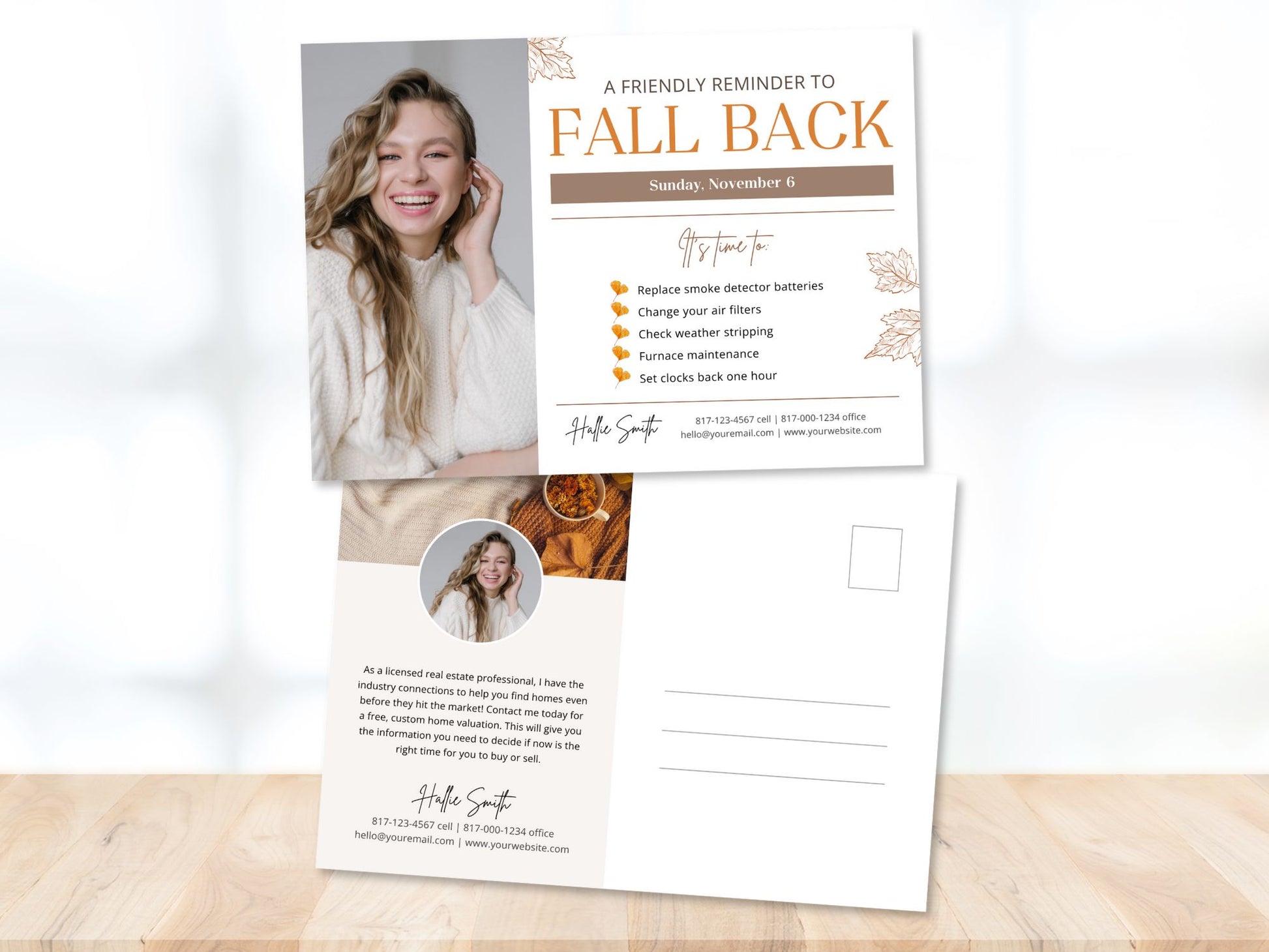 Real Estate Fall Back Postcard Vol 02 - Captivating design for reminding clients about the time change and showcasing your real estate brand in the autumn season.