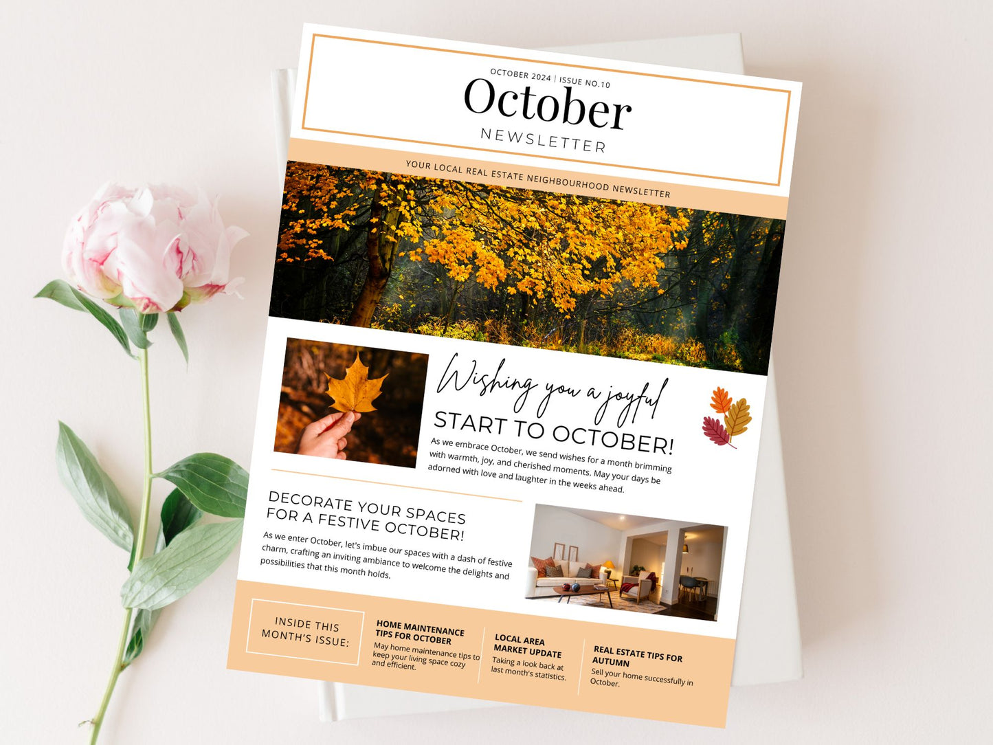 Minimal October Newsletter 2024 template for real estate professionals, featuring market
updates and seasonal tips.