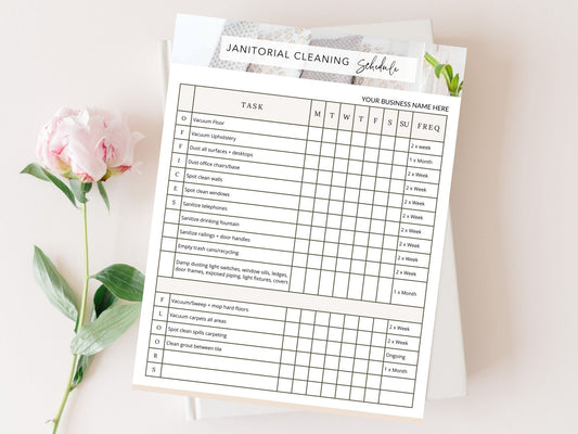 Janitorial Cleaning Schedule - Editable template for ensuring a systematic and organized approach to cleaning tasks, facilitating efficiency and professionalism in janitorial operations.