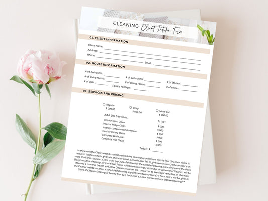 Cleaning Client Intake Form - Editable template for efficient client onboarding, gathering essential information to tailor and provide exceptional cleaning services based on individual needs and preferences.