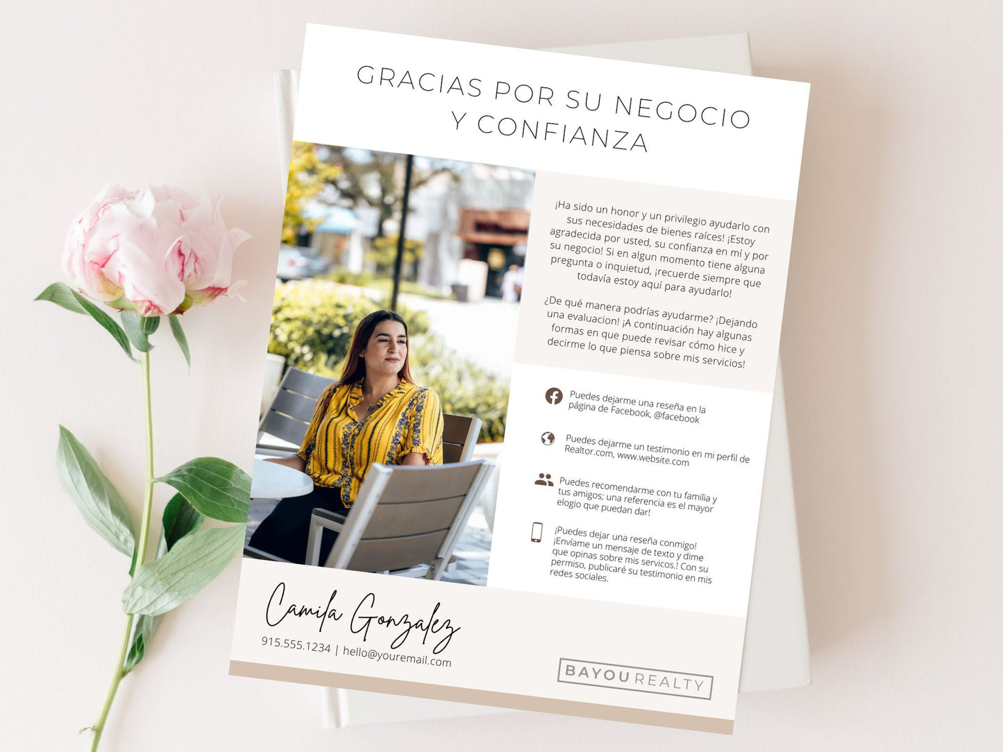 Spanish Review Request Flyer - Solicit client feedback in Spanish with this visually appealing flyer, encouraging Spanish-speaking clients to share their experiences for building trust and credibility.