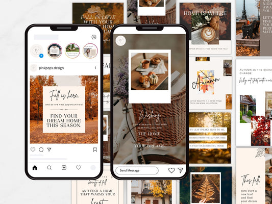 Fall-themed Instagram post and story templates for real estate marketing.