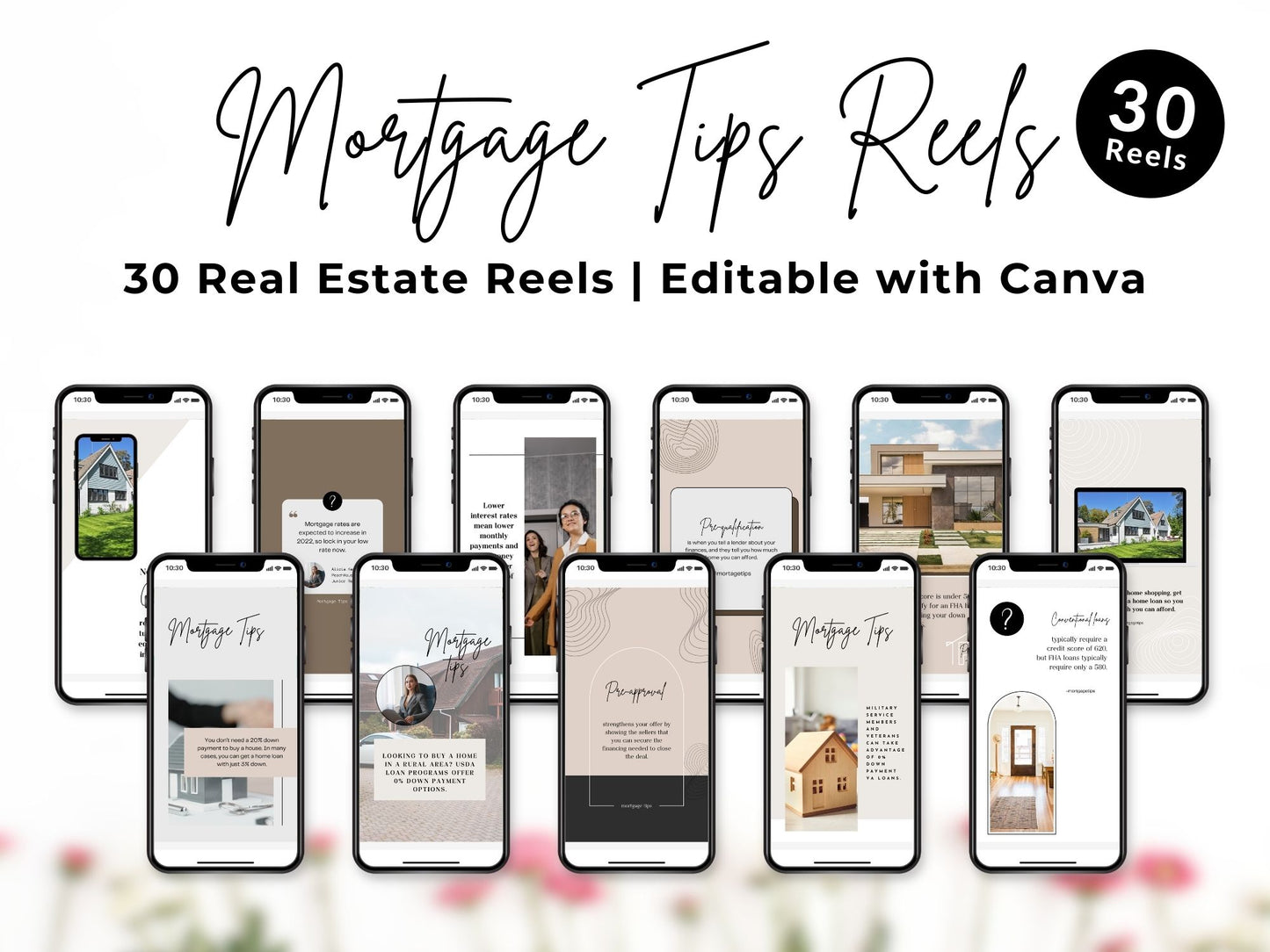 Instagram reel templates sharing mortgage tips for homebuyers and realtors, designed for engagement and education.