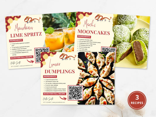 A set of Lunar New Year-themed recipe postcards featuring vibrant festive designs, ideal for real estate client engagement.