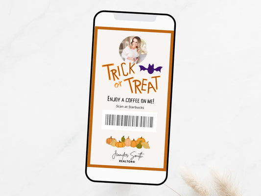 Real Estate Textable Halloween Coffee Gift Card - Innovative and festive gift card for expressing appreciation and sending warm wishes during the Halloween season, all with the convenience of a textable format.