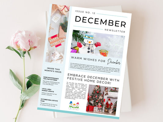 December Newsletter 2024 Vol 02 template for real estate professionals, featuring year-end market summaries and holiday home tips.