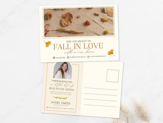 Real Estate Fall In Love Postcard Vol 01 - Charming postcard with autumnal aesthetics and a touch of romance, ideal for expressing warm wishes and fostering client connections during the fall season