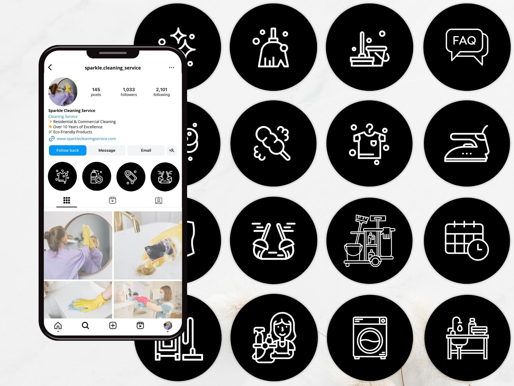 Black White Cleaning Highlight Covers - Stylish and professional icons for showcasing cleaning services on Instagram.