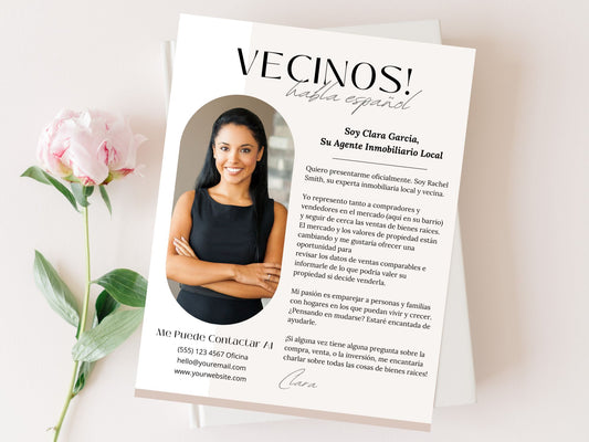 Real Estate 'Hello Neighbors' Letter in Spanish Vol. 01 - Build strong connections in your neighborhood with a personalized introduction of your real estate services.