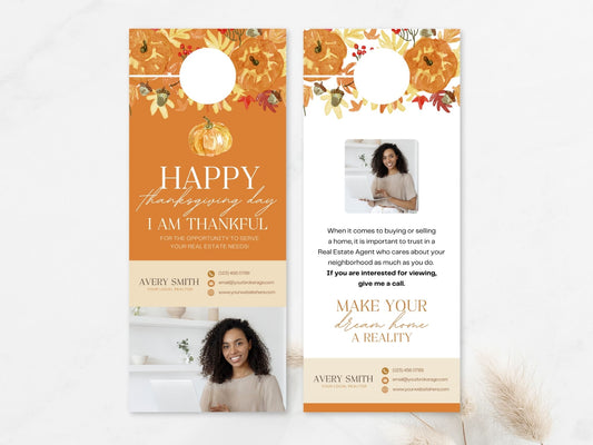 Real Estate Thanksgiving Door Hanger Vol 02 - Eye-catching door hanger for connecting with neighbors and clients, combining festive design with a touch of gratitude during the Thanksgiving holiday season.