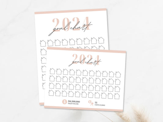 Real Estate Blush Pink 2024 Realtor Goal Chart - Visually appealing chart for goal setting and tracking in a sophisticated blush pink theme, providing a motivational and elegant tool for achieving real estate milestones