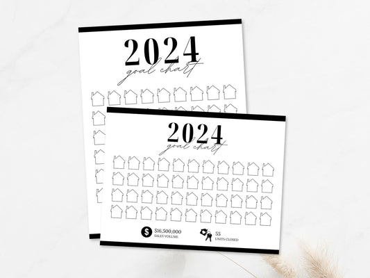 Real Estate Black 2024 Realtor Goal Chart - Sleek and modern chart for goal setting and tracking in a sophisticated black theme, providing a motivational and stylish tool for achieving real estate milestones.