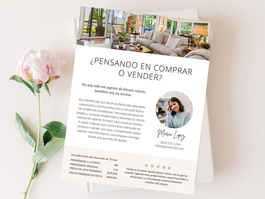 Spanish Agent Introduction Flyer - Introduce yourself in Spanish with this visually appealing flyer, providing essential information about you as a real estate professional for a strong and engaging first impression.