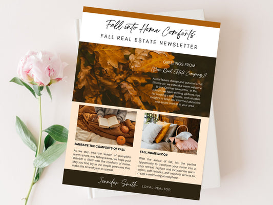 Real Estate Modern Fall Real Estate Newsletter 2023 - Elegantly designed newsletter template for immersing clients in the beauty of fall, sharing updates, expressing gratitude, and connecting with your real estate audience.