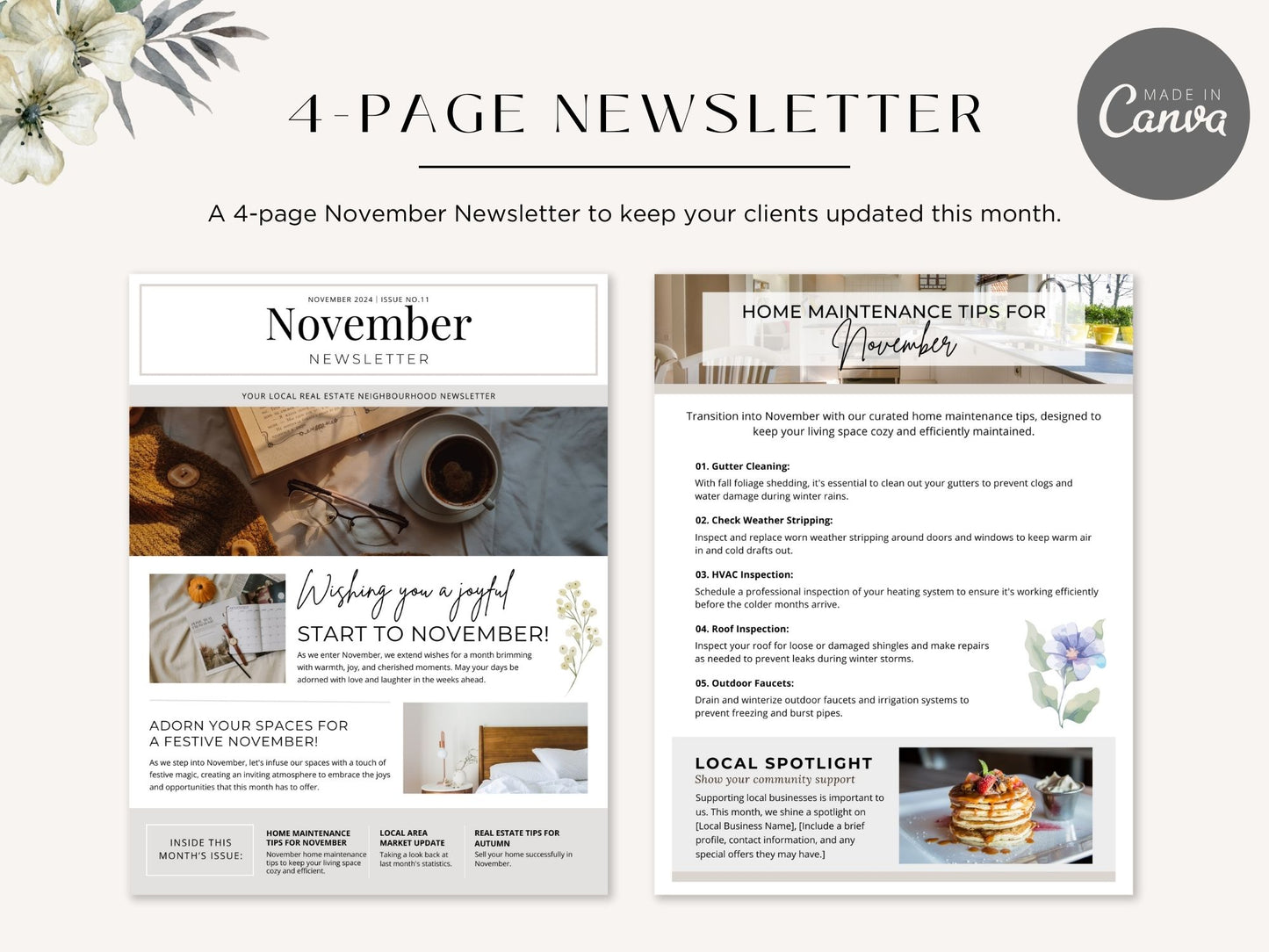 Minimal November Newsletter 2024 template for real estate professionals, featuring market
updates and seasonal advice.