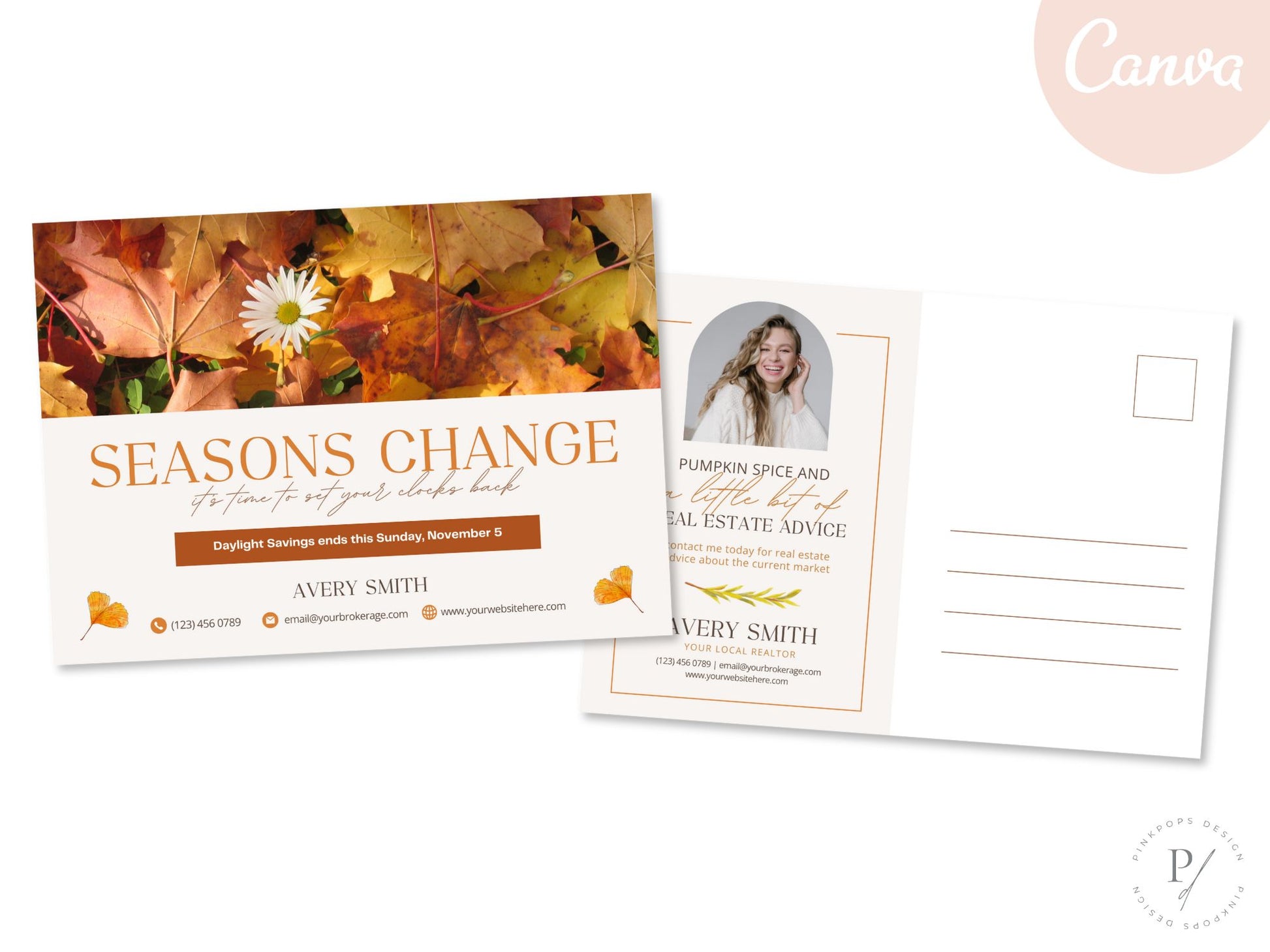 Real Estate Fall Daylight Saving Time Postcard - Eye-catching design for sharing seasonal greetings and reminding clients about the time change, reinforcing your presence in the real estate market.