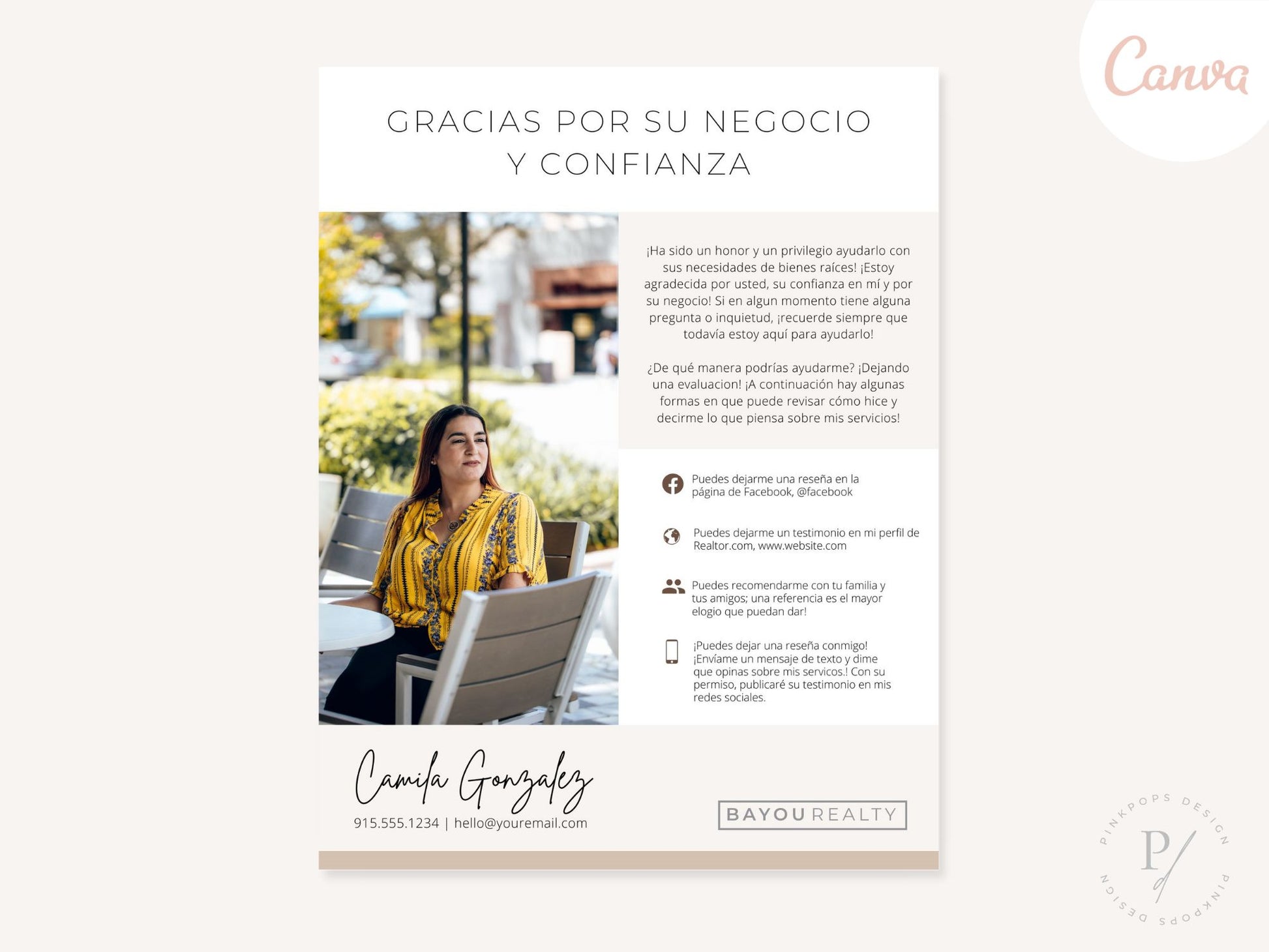 Spanish Review Request Flyer - Solicit client feedback in Spanish with this visually appealing flyer, encouraging Spanish-speaking clients to share their experiences for building trust and credibility.