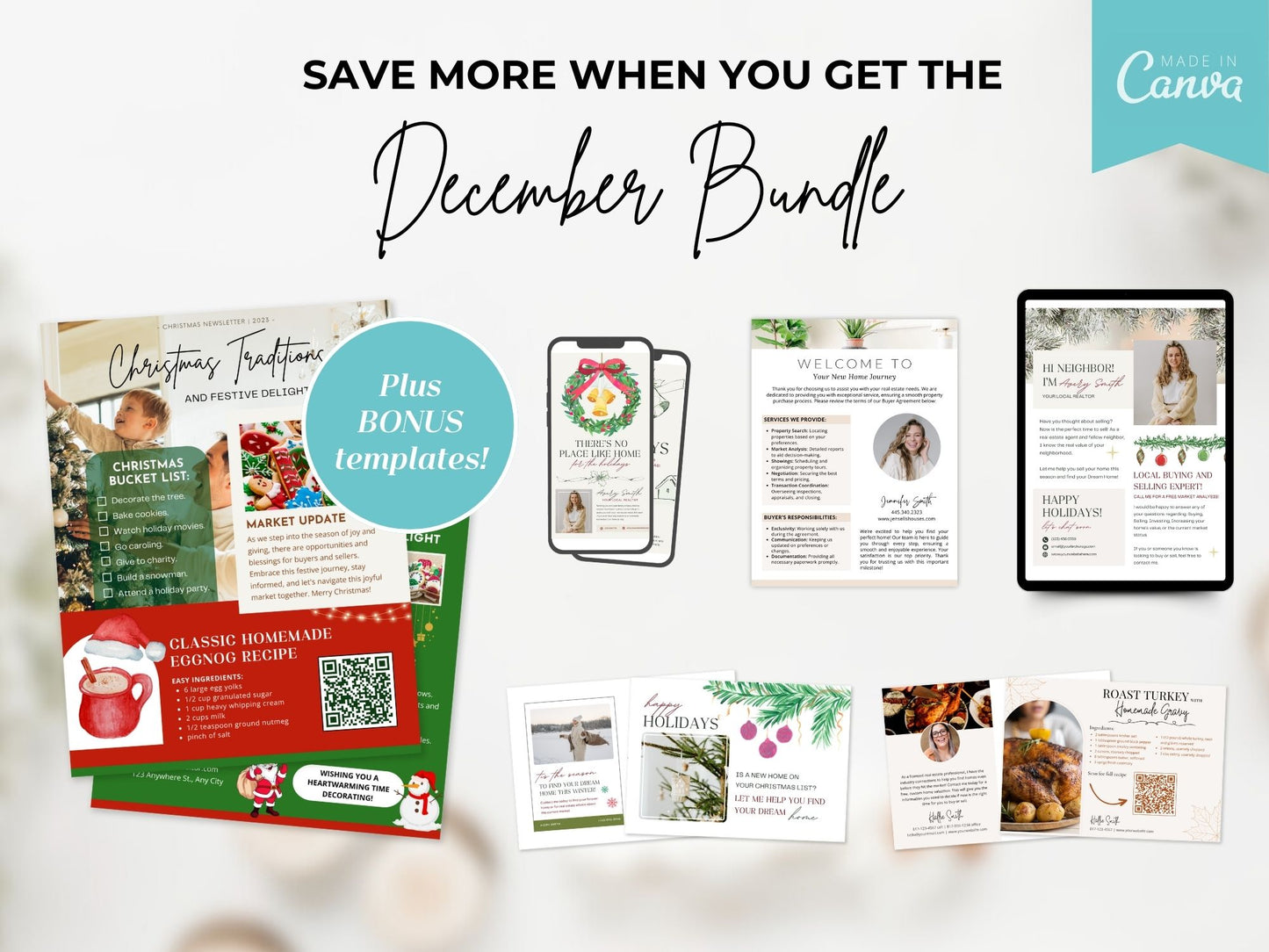 December Real Estate Farming Bundle with festive postcards, flyers, and letters for holiday marketing.