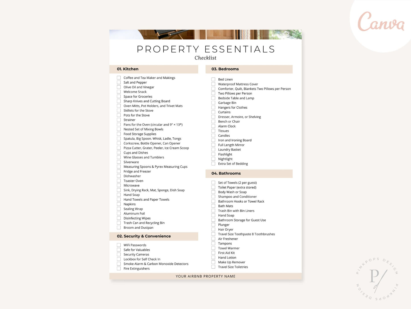 Airbnb Property Essentials Checklist - Comprehensive and editable template for ensuring essential amenities in your vacation rental property.