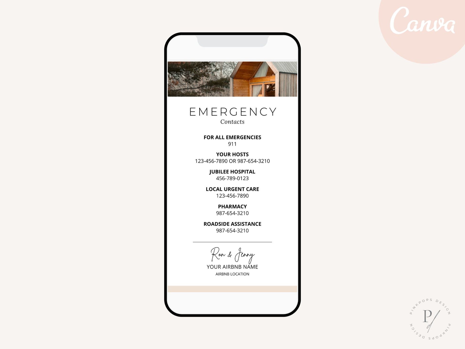 Textable Airbnb Emergency Contacts - Editable and digital template for prioritizing guest safety in your vacation rental.